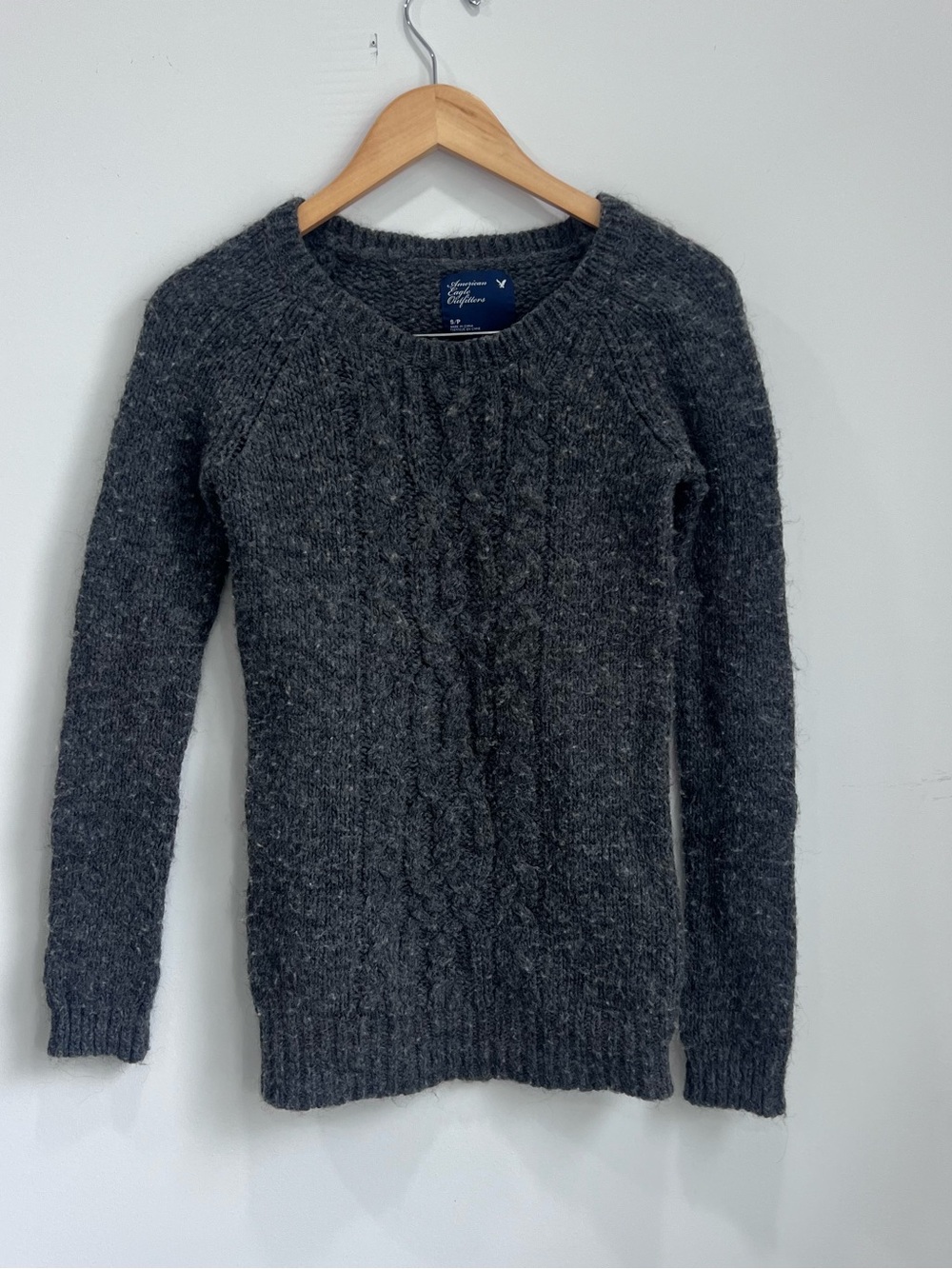 American Eagle Outfitters Dark Gray Cable Knit Crewneck Sweater